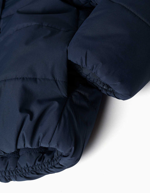 Hooded Puffer Jacket with Polar Fleece Lining for Girls, Navy Blue