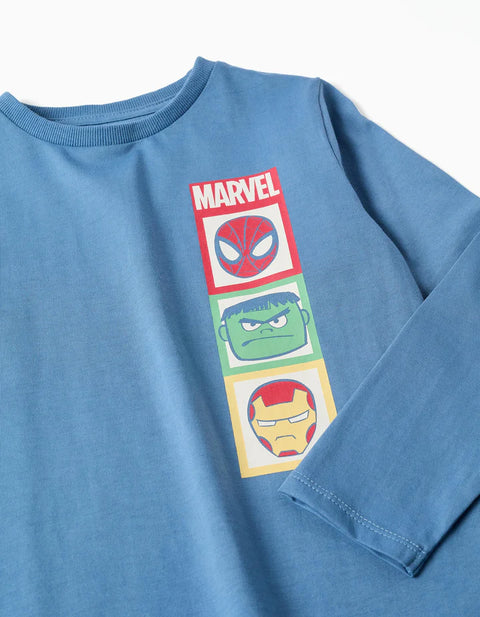 Long Sleeve Cotton Pyjamas with Marvel Prints for Boys, Blue/Grey