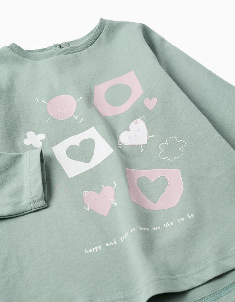 Long Sleeve Cotton T-Shirt with Hearts for Baby Girls, Light Green