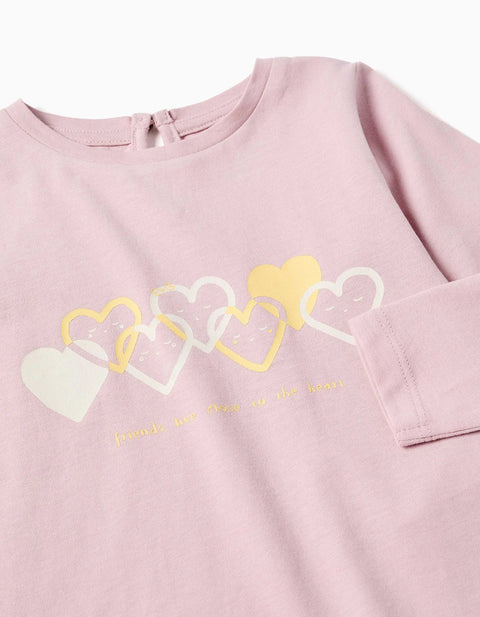 Long Sleeve Cotton T-Shirt with Hearts for Baby Girls, Lilac