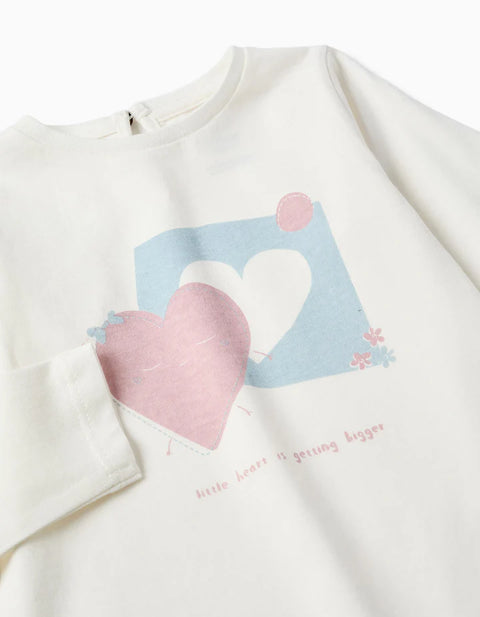 Long Sleeve Cotton T-Shirt with Hearts for Baby Girls, White