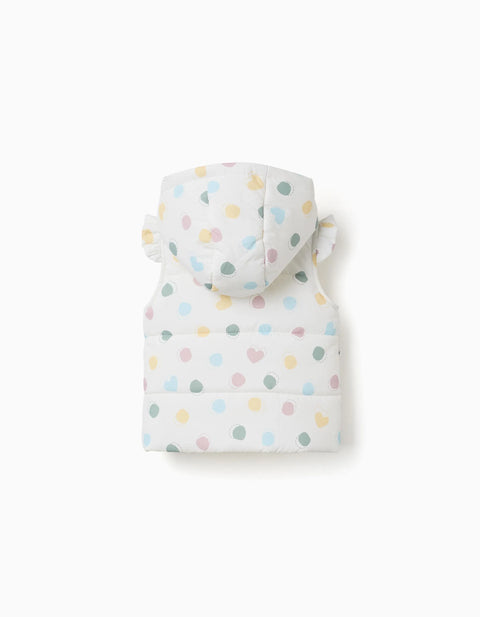 Hooded Puffer Vest with Hearts and Dots Pattern for Baby Girls, White