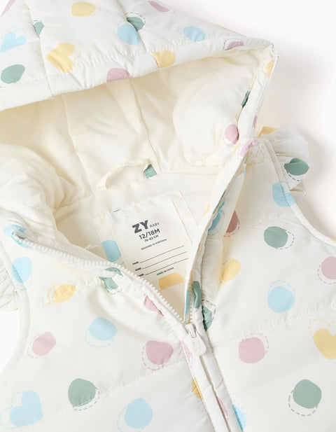Hooded Puffer Vest with Hearts and Dots Pattern for Baby Girls, White