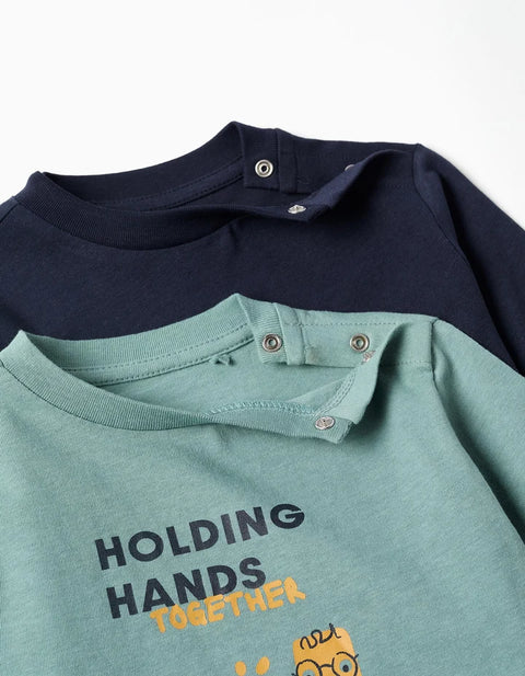 Pack of 2 Long Sleeve T-Shirts with Prints for Baby Boys, Blue/Blue-Green