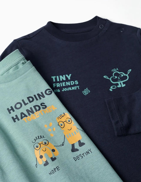 Pack of 2 Long Sleeve T-Shirts with Prints for Baby Boys, Blue/Blue-Green