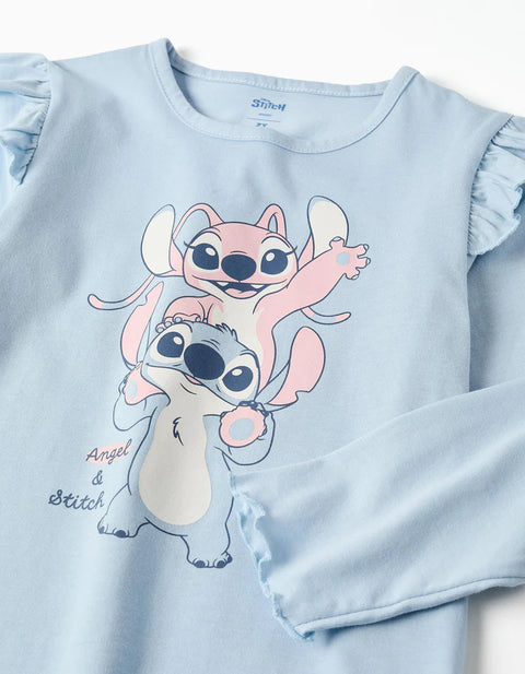 Long Sleeve Pyjamas with Stitch & Angel Print for Girls, Blue/White