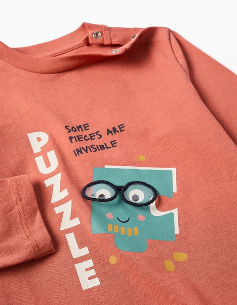 Long Sleeve Cotton T-Shirt with Puzzle Print for Baby Boys, Terracotta