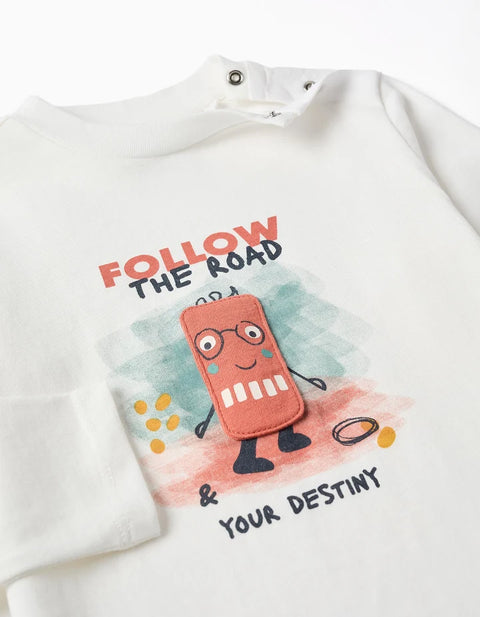 Long Sleeve Cotton T-Shirt with Destiny Print for Baby Boys, White
