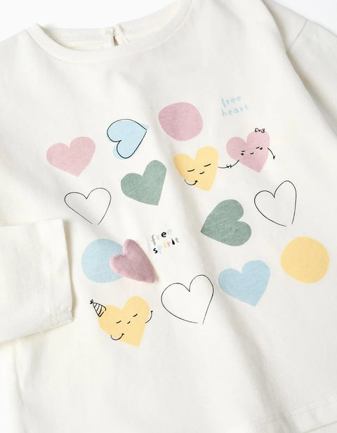 Long Sleeve Cotton T-Shirt with Printed Hearts for Baby Girls, White