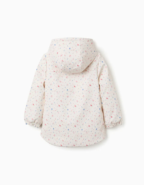 Hooded Parka with Sherpa Lining and Flowers for Girls, White