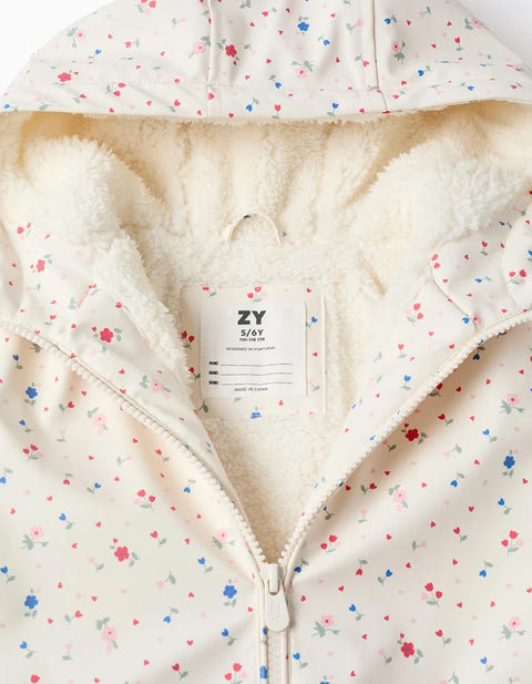 Hooded Parka with Sherpa Lining and Flowers for Girls, White