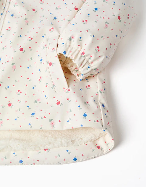 Hooded Parka with Sherpa Lining and Flowers for Girls, White