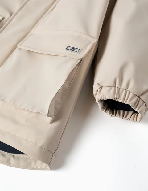 Hooded Padded Parka with Front Pockets for Boys, Light Beige