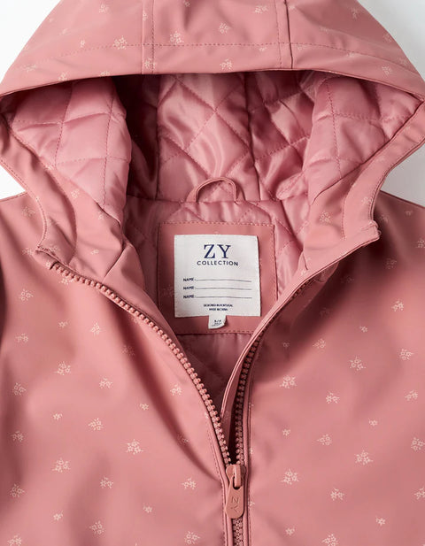 Padded Rubber Parka with Hood and Floral Print for Girls, Pink
