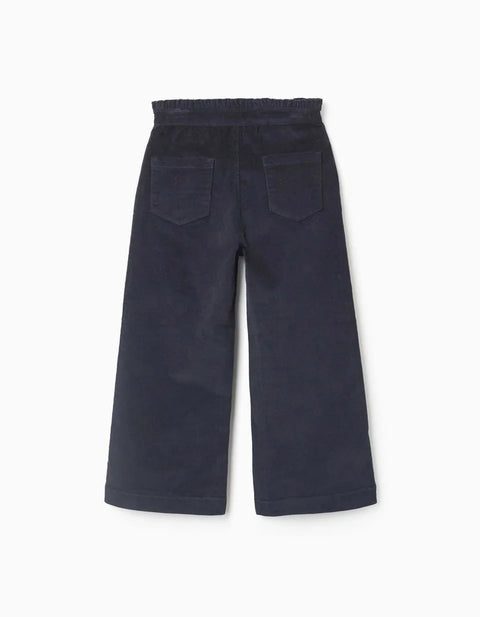 Corduroy Trousers with Ruffled Paperbag Waist for Girls, Navy Blue