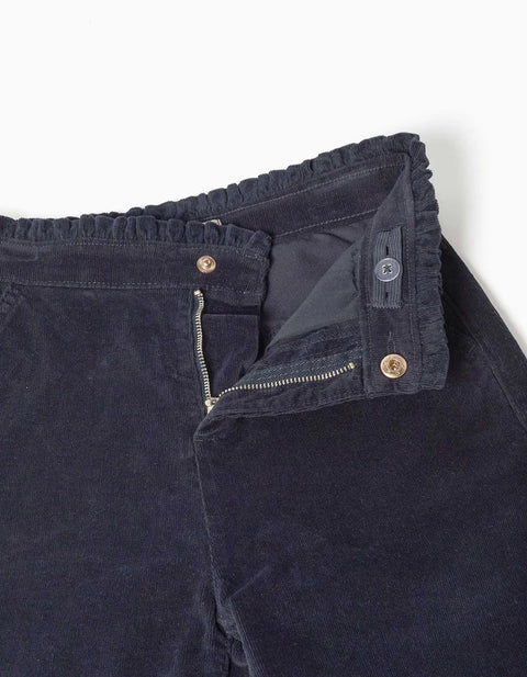 Corduroy Trousers with Ruffled Paperbag Waist for Girls, Navy Blue
