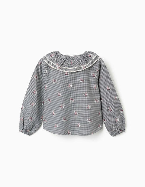 Cotton Gingham Shirt with Floral Print for Girls, White/Navy Blue