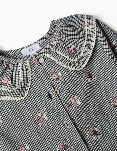 Cotton Gingham Shirt with Floral Print for Girls, White/Navy Blue