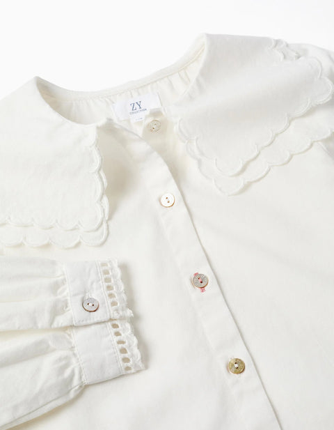 Long Sleeve Cotton Shirt with Square Collar B&S for Girls, White