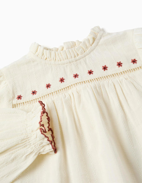 Long Sleeve Cotton Shirt with Flowers and Ruffles for Baby Girls, White