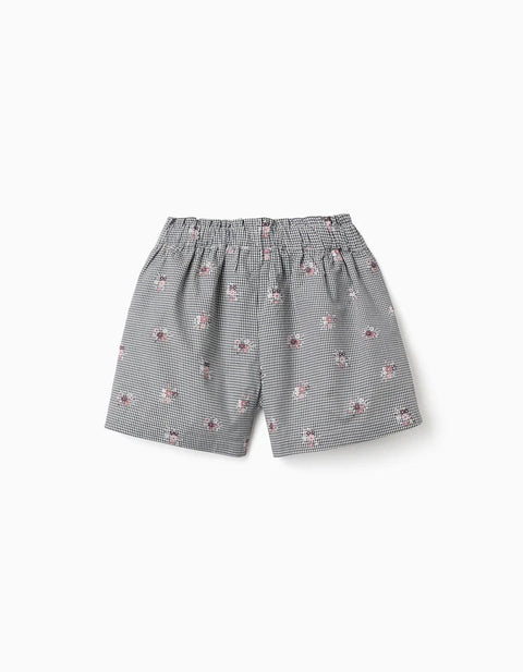 Cotton Gingham Shorts with Floral Print for Girls, White/Navy Blue