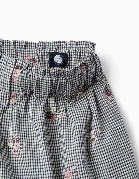 Cotton Gingham Shorts with Floral Print for Girls, White/Navy Blue