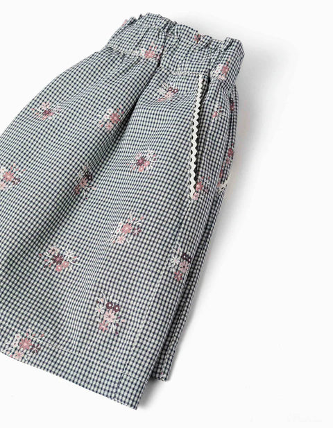 Cotton Gingham Shorts with Floral Print for Girls, White/Navy Blue