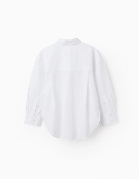 Long Sleeve Poplin Shirt with Dropped Shoulders for Girls, White