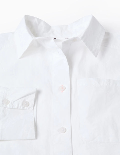 Long Sleeve Poplin Shirt with Dropped Shoulders for Girls, White