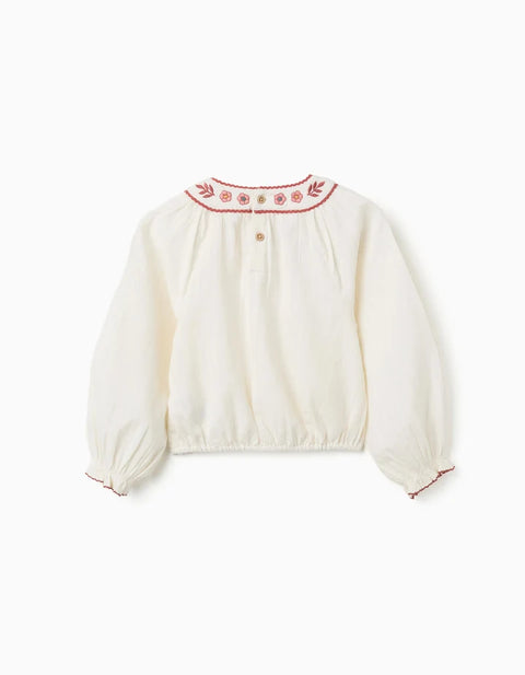 Long Sleeve Cotton Blouse with Embroidered Collar for Girls, White