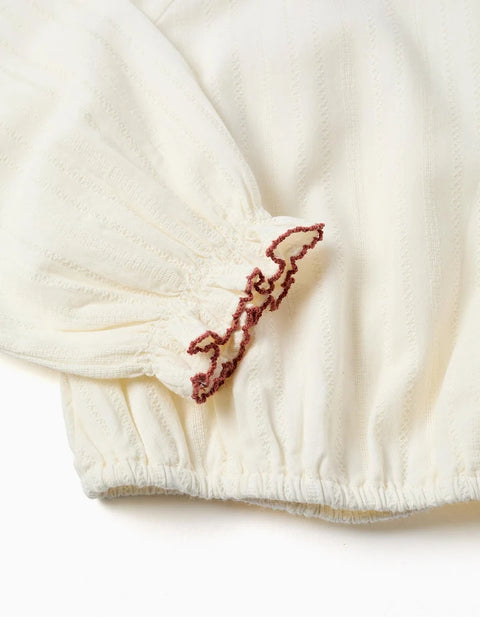 Long Sleeve Cotton Blouse with Embroidered Collar for Girls, White