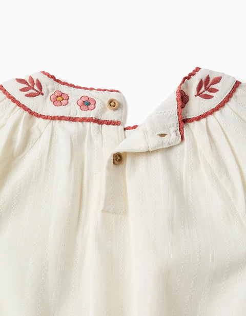 Long Sleeve Cotton Blouse with Embroidered Collar for Girls, White