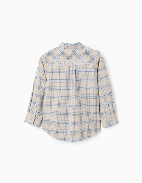 Long Sleeve Cotton Checked Shirt for Boys, Light Beige/Blue/Brown