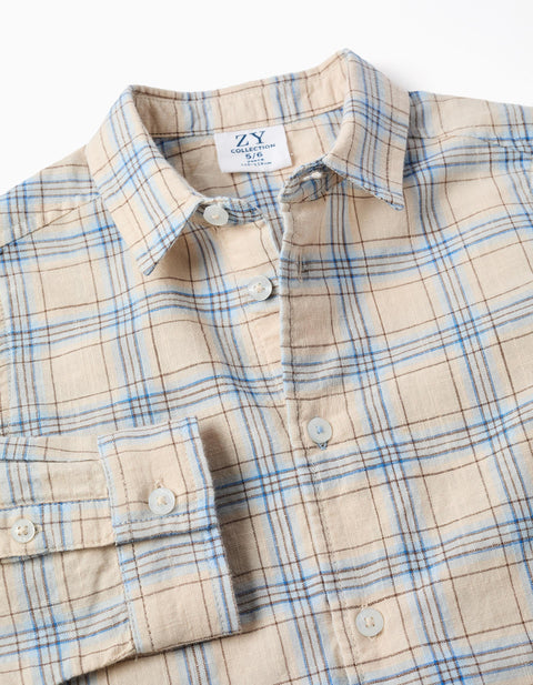 Long Sleeve Cotton Checked Shirt for Boys, Light Beige/Blue/Brown