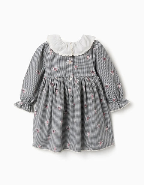Cotton Gingham Dress with Floral Print for Baby Girls, White/Navy Blue
