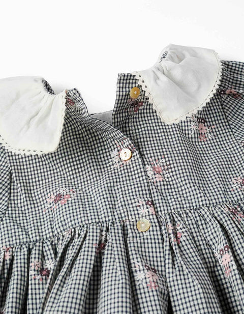 Cotton Gingham Dress with Floral Print for Baby Girls, White/Navy Blue