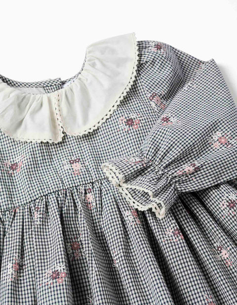 Cotton Gingham Dress with Floral Print for Baby Girls, White/Navy Blue