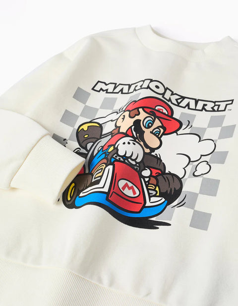 Cotton Sweatshirt with Mario Kart Print for Boys, White