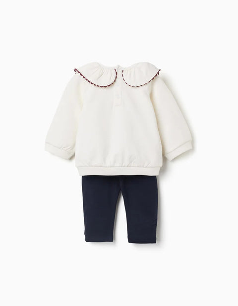 Brushed Sweatshirt and Joggers set for Newborn Girls, White/Navy Blue