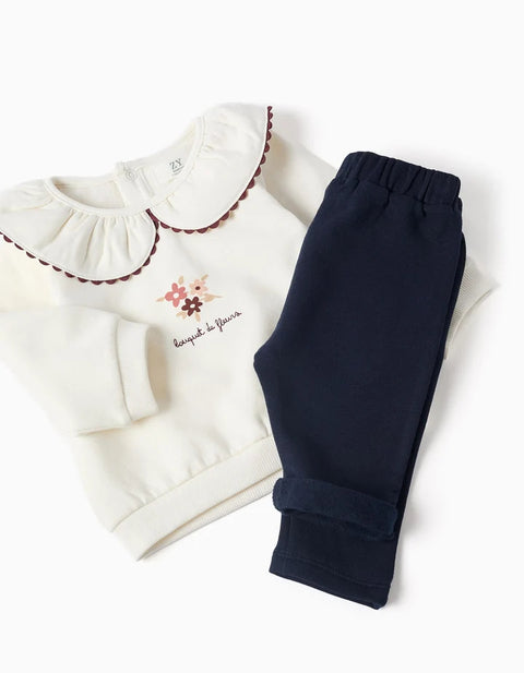 Brushed Sweatshirt and Joggers set for Newborn Girls, White/Navy Blue