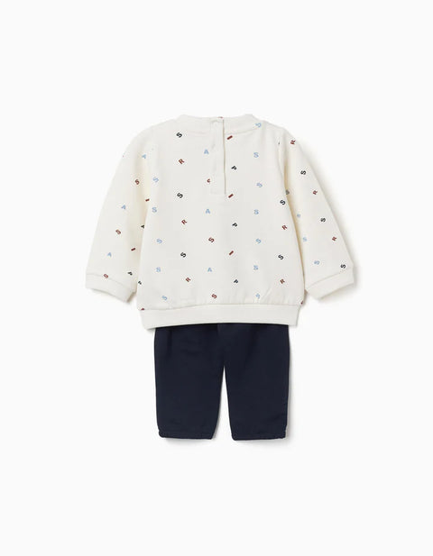 Brushed Jogging Set with Bouclé Embroidery for Newborn Boys, White/Blue