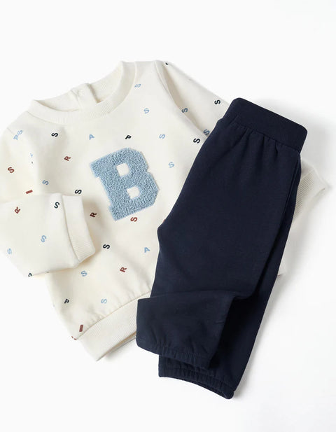 Brushed Jogging Set with Bouclé Embroidery for Newborn Boys, White/Blue