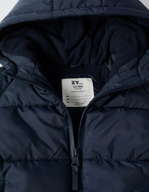 Hooded Puffer Jacket with Polar Fleece Lining for Babies, Navy Blue