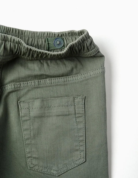 Slim Fit Twill Trousers with Drawstring for Boys, Dark Green