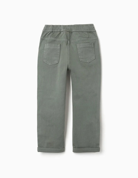 Slim Fit Twill Trousers with Drawstring for Boys, Dark Green