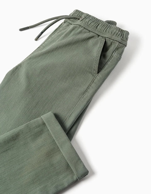 Slim Fit Twill Trousers with Drawstring for Boys, Dark Green