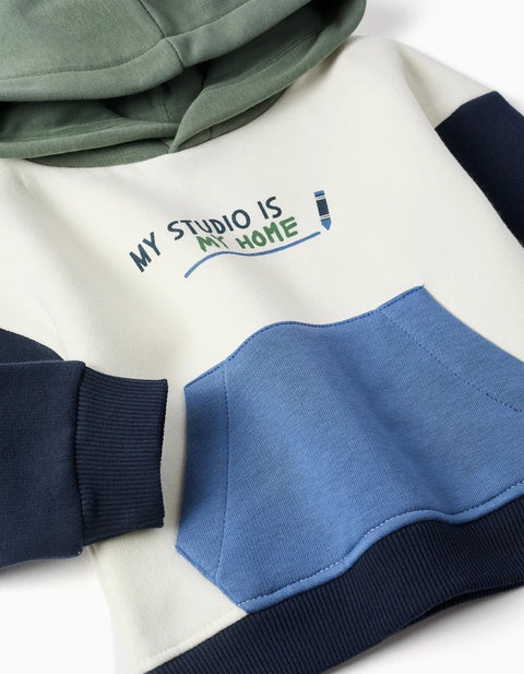 Brushed Hooded Sweatshirt with Print for Baby Boys, White/Blue/Green