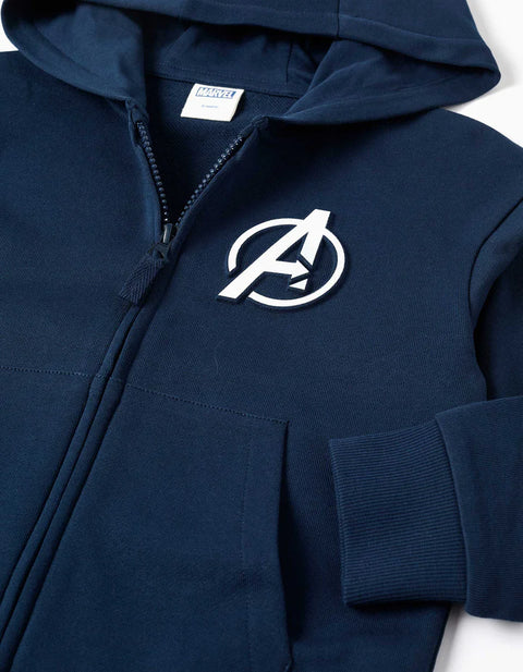 Hooded Cotton Jacket with Avengers Prints for Boys, Navy Blue