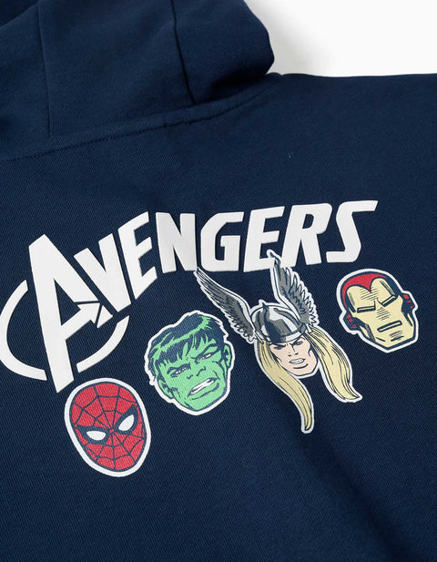 Hooded Cotton Jacket with Avengers Prints for Boys, Navy Blue