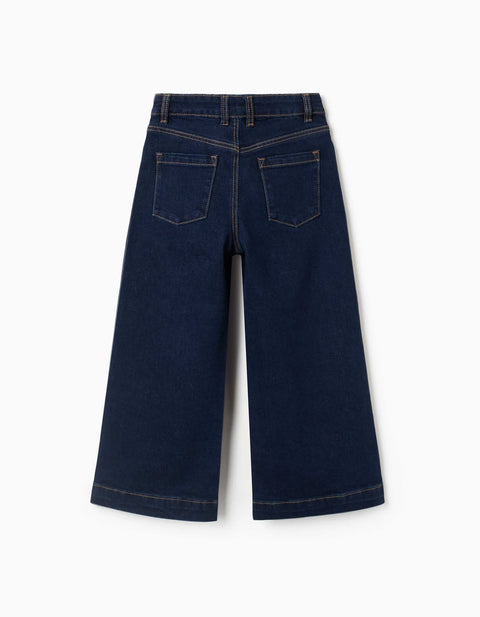 Wide Leg Jeans with Front Snap Buttons for Girls, Dark Blue